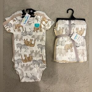 NWT Carter’s Safari Animals Bodysuit Swaddle Blanket Set Baby Gift Neutral 12 Mo